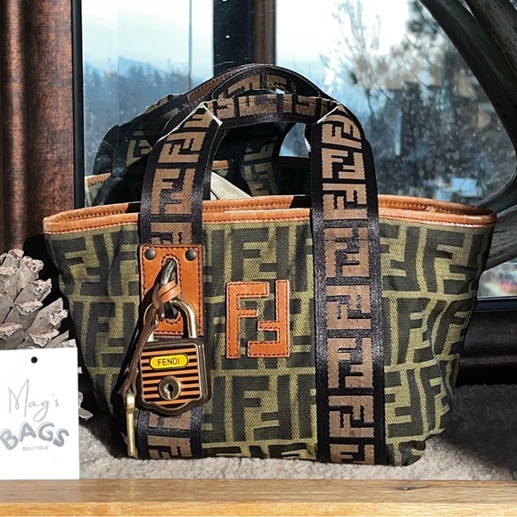 Fendi: Mini Padlock & Key Zucca FF Monogram Nylon Leather Brown Tote Bag *RARE* - Picture 4 of 17